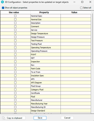 Match Pipe Properties list Sovelia Plant 2025